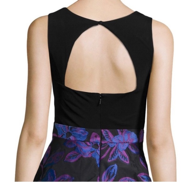 Aidan Mattox Black & Purple Woven Jacquard Floral Cutout Fit & Flare Dress - 4 - Picture 3 of 14